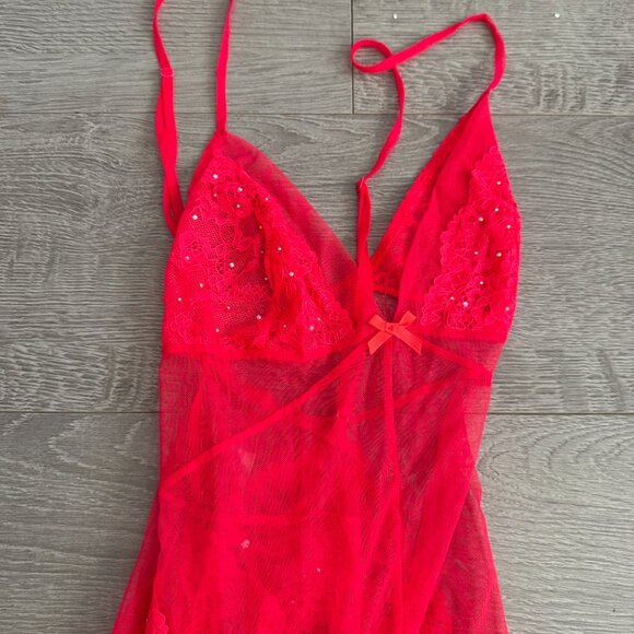Victoria’s Secret Red Sheer Lace Maxi Babydoll Lingerie Dress Small - Picture 3 of 8